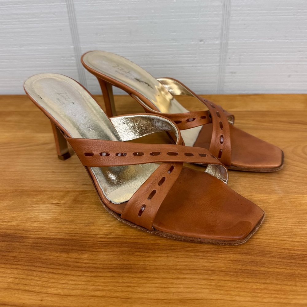Zita Maria Brown Leather Stiletto Mule Heel Decorative Stitching Square Toe 38.5